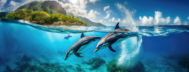 Dolphins arc gracefully over the ocean divide, a spectacle of nature's agility and playfulness beneath the open sky. Marine mammals exude a sense of freedom. - obrazy, fototapety, plakaty