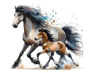 Horse with foal. Watercolor paint. Isolated illustration on a white background. Banner. Close-up. Generative AI