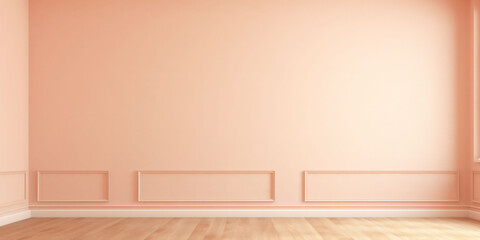 A banner with a peach fuzz color room wall corner darker lines and a beige wood floor. Copy space....