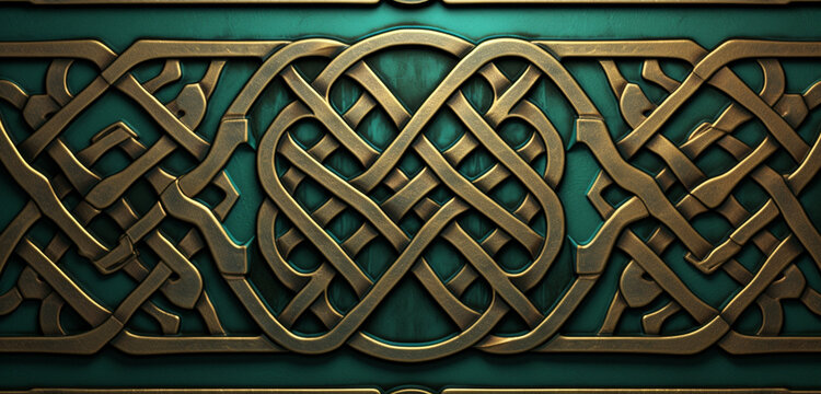 An ultra-realistic 3D wall texture featuring a complex, interlocking Celtic knot design in green and gold. 8k,