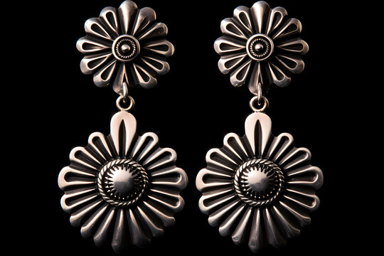 Navajo Silver Concho Earrings - Native American (Navajo) - Earrings featuring silver conchos, often stamped with intricate designs, rooted in Navajo silversmithing traditions