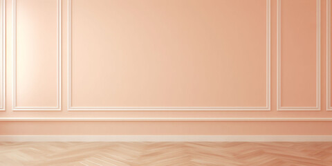 A banner with a peach fuzz color room baroque walls with white lines and a beige wood floor. Copy...