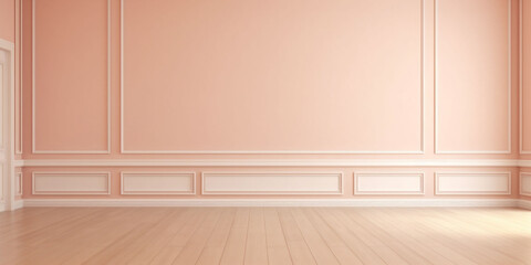 A banner with a peach fuzz color room baroque stile walls with white lines and a beige wood floor. Copy space. Background for text.