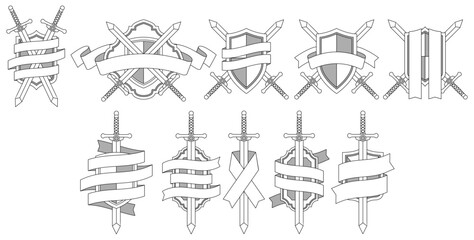 Collection of Sword, Shield, and Banner Decorations. | AI Vector File. 