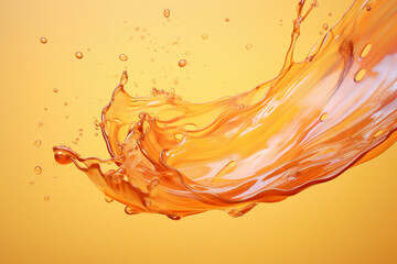 An orange liquid splash in the air with bright orange and yellow color background. Peach fuzz. Falling Copy space.