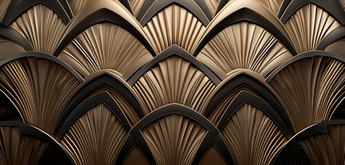 A detailed view of a 3D wall texture featuring an Art Deco inspired pattern in metallic tones. 8k,