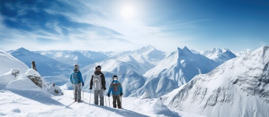 Skiing in winter with the family. - obrazy, fototapety, plakaty