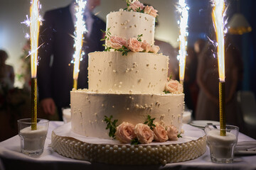 White light healthy cake with decoration of strawberries, orange and dry fruits. Cheesecake with...