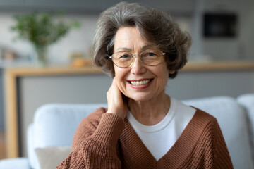 Happy caucasian senior woman wearing glasses resting sitting on couch at home and smiling at...