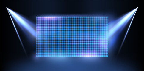 Stock vector image of a blue LED concave wall video screen glowing in the dark, surrounded by spotlights