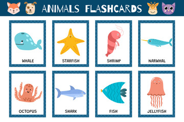 Sea animals flashcards collection for kids. Flash cards set with cute characters for practicing reading skills. Whale, shrimp, fish and more. Vector illustration