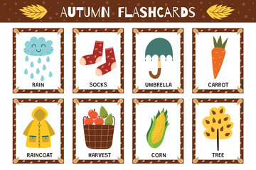 Autumn flashcards collection for kids. Flash cards set with cute characters for school and preschool. Learning to read activity for children. Vector illustration