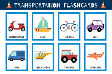 Transportation flashcards collection for kids. Vehicles flash cards set for school and preschool. Van, motorcycle, tractor and other cars. Vector illustration - 692750713