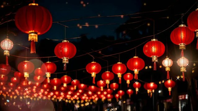 chinese lanterns in the temple, Seamless Animation Video Background in 4K Resolution	
