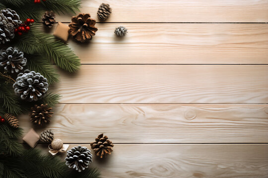 christmas decoration on wooden background flay lay