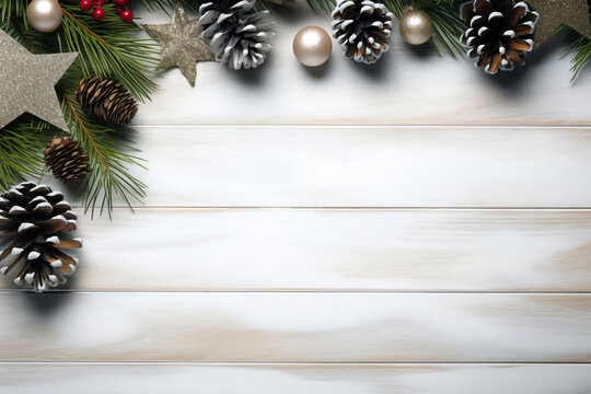 christmas decoration on wooden background flay lay