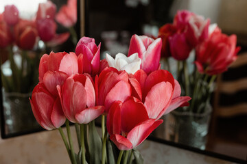 Mix of spring tulips. Tulips bouquet. Holiday decor with flowers. Bouquet with colorful tulips. Spring tulips, bouquet.