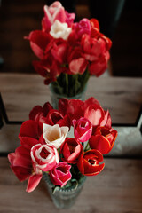 Mix of spring tulips. Tulips bouquet. Holiday decor with flowers. Bouquet with colorful tulips. Spring tulips, bouquet.