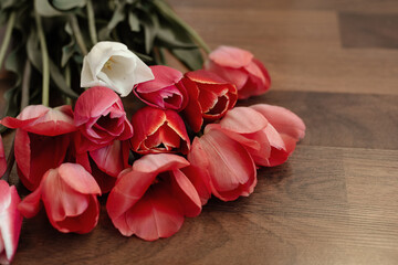 Mix of spring tulips. Tulips bouquet. Holiday decor with flowers. Bouquet with colorful tulips. Spring tulips, bouquet.