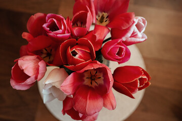 Mix of spring tulips. Tulips bouquet. Holiday decor with flowers. Bouquet with colorful tulips. Spring tulips, bouquet.