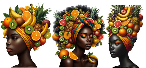 Assorted fruits worn in a modern art hairstyle by a beautiful fashion model. Colorful, fun modern...