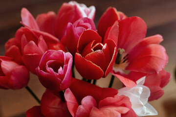 Mix of spring tulips. Tulips bouquet. Holiday decor with flowers. Bouquet with colorful tulips. Spring tulips, bouquet.