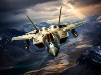 Modern Combat 5th or 6th generation fighter aircraft flies at high altitude against a blue sky and ground. Combat aviation, Air Force. Military jet flying armed with surface-to-air missiles.