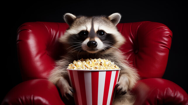 Humorous portrait of a raccoon sitting comfortably in a red leather armchair in the cinema, holding a striped popcorn bucket, isolated on a black background. High quality photo