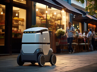 Moving delivery robot on the evening city on public road. White futuristic cyber-courier are cruising the sidewalks and street near shop, cafe, restaurant and people. Modern robotic delivery.