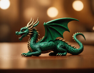 Fototapeta premium The green wooden dragon statue on light brown background. 2024 New Year. Chinese horoscope, Symbol of the new year 2024.