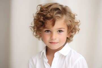 Portrait of a cute little boy with blond curly hair, studio shot