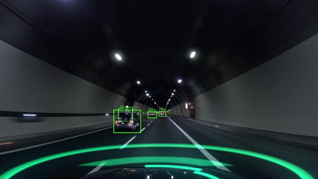 Smart self-driving car, controlled by AI, moves through an underground tunnel. Visualization of the driverless autonomous vehicle control system. Road analysis, environment scanning, HUD-elements, 4k.