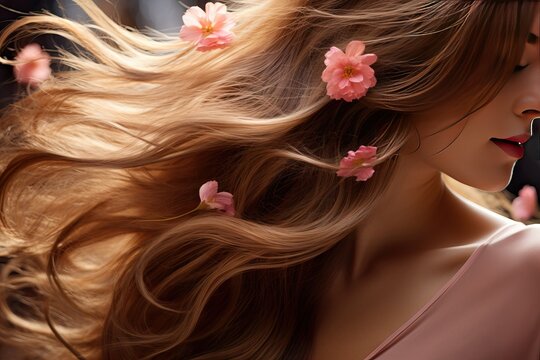 flower texture hair shiny healthy Beautiful extension coiffure natural shampoo spa care treatment concept cosmetic colouring salon background beauty brown brunette closeup curl curly fashion female