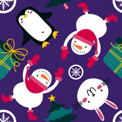 Cartoon winter ice seamless snowman and snowflakes pattern for Christmas packaging and new year