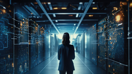 Businesswoman holding tablet in cloud storage facility, server room, SAAS, tech, computers, online services - Powered by Adobe