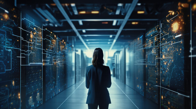 Businesswoman holding tablet in cloud storage facility, server room, SAAS, tech, computers, online services
