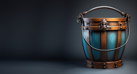 Fototapeta na wymiar Artisan Elegance: Ornate Wooden Bucket with Metal Accents