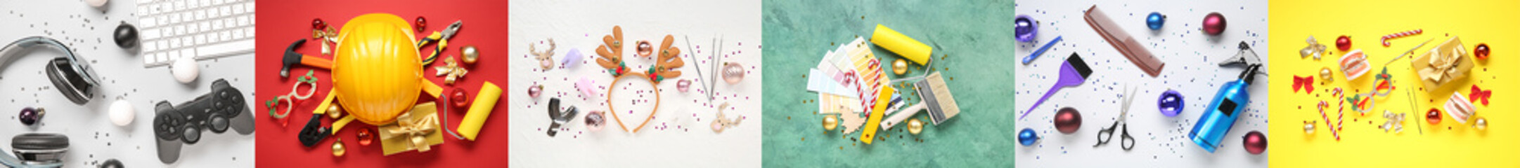 Set of supplies of different professions and Christmas decorations on color background