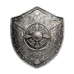 A metallic knight's shield with ornaments and embellishments, isolated as a PNG