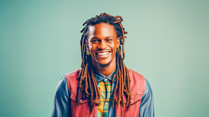 African man, vibrant laugh, stylish braids, pastel blue backdrop, enjoying life.