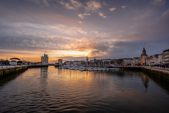 beautiful illuminated cityscape of the old harbor of La Rochelle