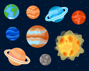Solar system planet vector illustration set. Cartoon planets vectors. Venus, mars, Earth, moon, sun, jupiter, neptune. Science classroom. © Laura