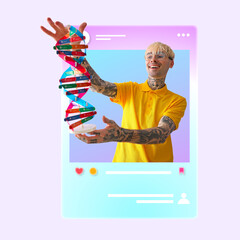 Stylish young male blogger with DNA model on lilac background
