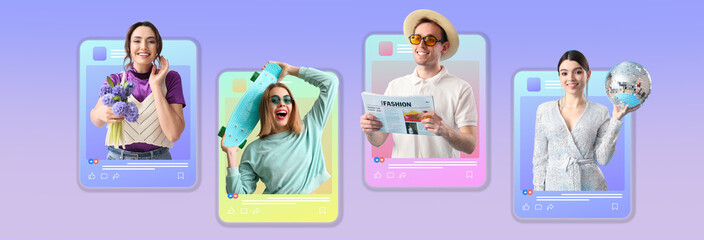 Group of happy young bloggers on lilac background