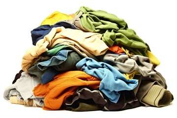 background white clothes pile A laundry heap isolated clothing fabric colourful recycling messy assorted textile colours washing blue mess green red fashion reusing t-shirt bright shirt different - obrazy, fototapety, plakaty