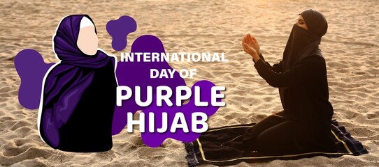 Banner for International Day of Purple Hijab with praying Muslim woman outdoors