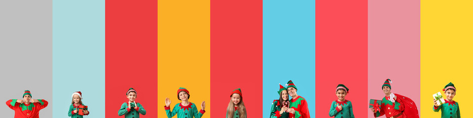 Collage of people dressed as Christmas elves on color background