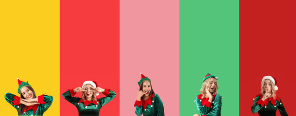 Collage of young women dressed as Christmas elves on color background