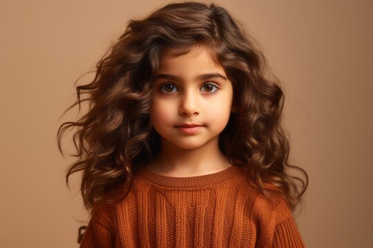 cute little girl with long curly hair looking at camera on brown background