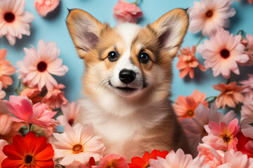 Cute corgi puppy dog in colorful flowers